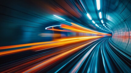 Subway train speeding through a tunnel, motion blur, vibrant colors, moody lighting 