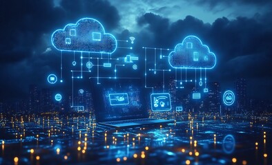 Cloud Computing and Network Connections over Cityscape at Night