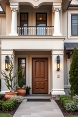 Elegant Home Exterior with Classic Columns and Balcony. Luxury Real Estate, Modern Architecture, Beautiful Facade Design