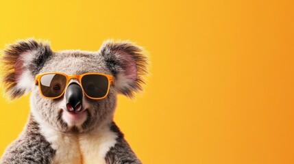 Koala wearing sunglasses, yellow background, summer fun
