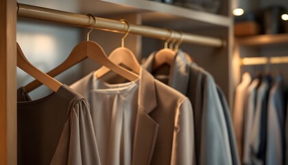 A realistic wooden clothing rack placed in a cozy walk-in closet, displaying elegant outfits. The rack has a warm, natural wood finish with brass accents on the hooks. The clothing includes