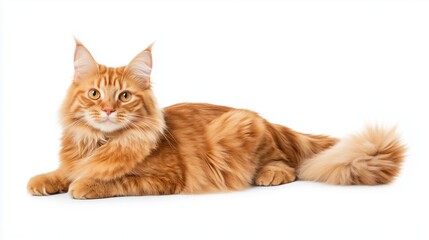 Orange Maine Coon cat lying on a white background.