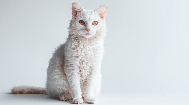 White LaPerm cat with curly fur on a white background.