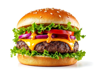 High-quality gourmet burger with melted cheddar, fresh lettuce, and a golden brioche bun, isolated on white. Perfect for food branding, packaging, menus, and advertisements.