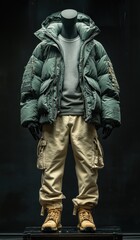 Dark green puffer jacket, beige cargo pants, and brown boots on a mannequin.