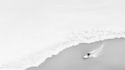 A lone surfer riding a wave on a tranquil beach, with soft waves and misty background