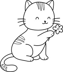 Cute cat cartoon with flower animal outline,line art clipart png illustration