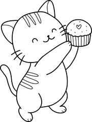 Cute cat with cupcake cartoon animal outline,line art clipart png illustration
