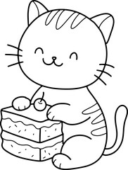 Cute cat with cake cartoon animal outline,line art clipart png illustration
