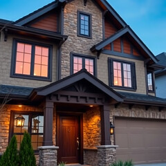 Luxury Modern Home Exterior at Dusk: Stone and Wood Design, Evening Lighting