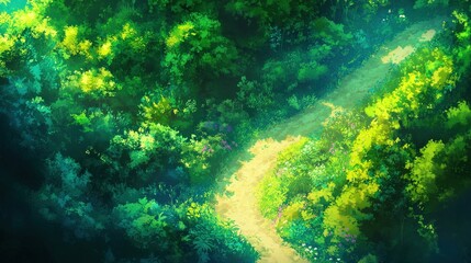 Serene forest pathway winding through vibrant greenery with sunlight filtering through trees