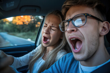 Young man and woman tired and yawning while driving. Danger of a car accident