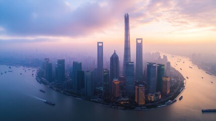 Fototapeta premium Panoramic sunrise view of a modern city skyline on an island.