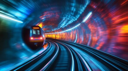 Fototapeta premium Subway tunnel motion photography, fast train, vibrant light effects 