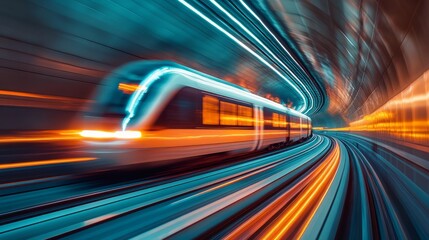 Fototapeta premium Subway train passing through a tunnel, motion blur streaks, glowing reflections