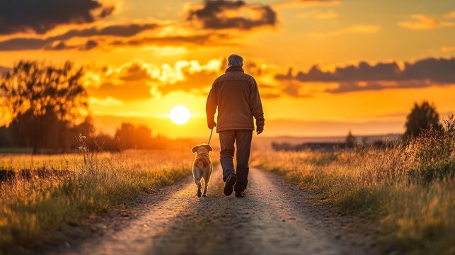 A man and his dog are walking down a dirt road at sunset