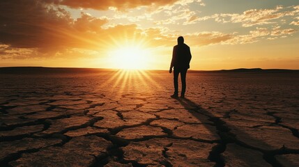 Silhouette of a Person Standing on Cracked Desert Ground at Sunset