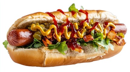 Loaded hot dog with relish, mustard, ketchup, onions, and lettuce. Food photography for menu use
