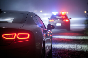 Rear view of a pursued car disappearing into fog with police lights illuminating the scene