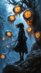 A mysterious figure stands in a dark forest surrounded by glowing clocks.