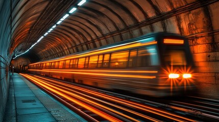 Fototapeta premium Subway train motion blur photography, glowing streaks, futuristic tunnel design