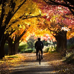 Cyclist Enjoying a Scenic Autumn Ride Through a Vibrant Tree-Lined Pathway with Colorful Foliage