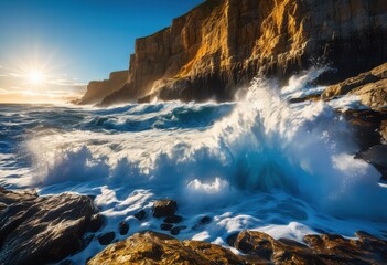 dynamic ocean waves splashing vividly rugged coastal rocks under bright blue sky creating stunning seascape, beach, coastline, marine, landscape, light
