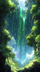 Obraz premium A mystical landscape with cascading light and lush greenery.