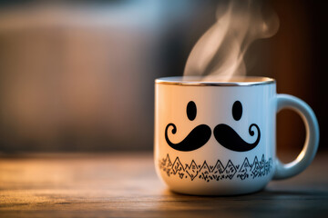 A mug with a mustache, smiling as steam rises in fun shapes