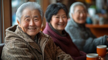Obraz premium Happy senior Asian man with two women friends in cafe.