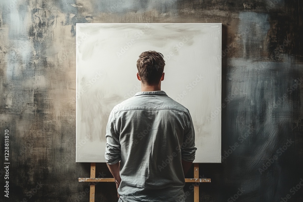 Poster artist contemplating a blank canvas in a studio with a rustic background