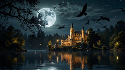 enchanting fantasy lake under the enchanting light of the full moon,