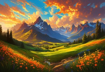 stunning vibrant landscape depicting dramatic landforms unique textures under brilliant skies, terrain, hills, valleys, mountains, clouds, meadows
