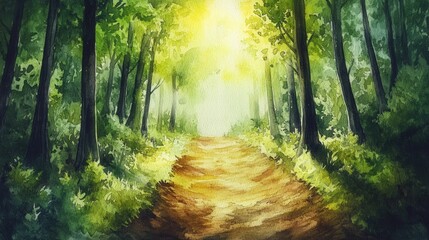 Obraz premium Serene forest path illuminated by sunlight, surrounded by lush greenery and vibrant foliage