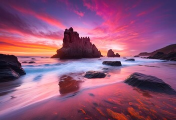 vibrant coastal landscapes featuring stunning rock formations dramatic cloud effects under colorful sky sunset sunrise, beach, ocean, waves, shore, clouds