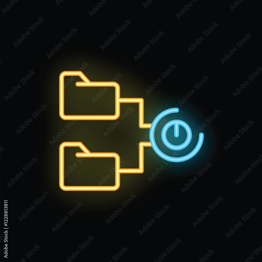 Poster neon glowing icon of data transfer with two folders sharing files through a network with a power but