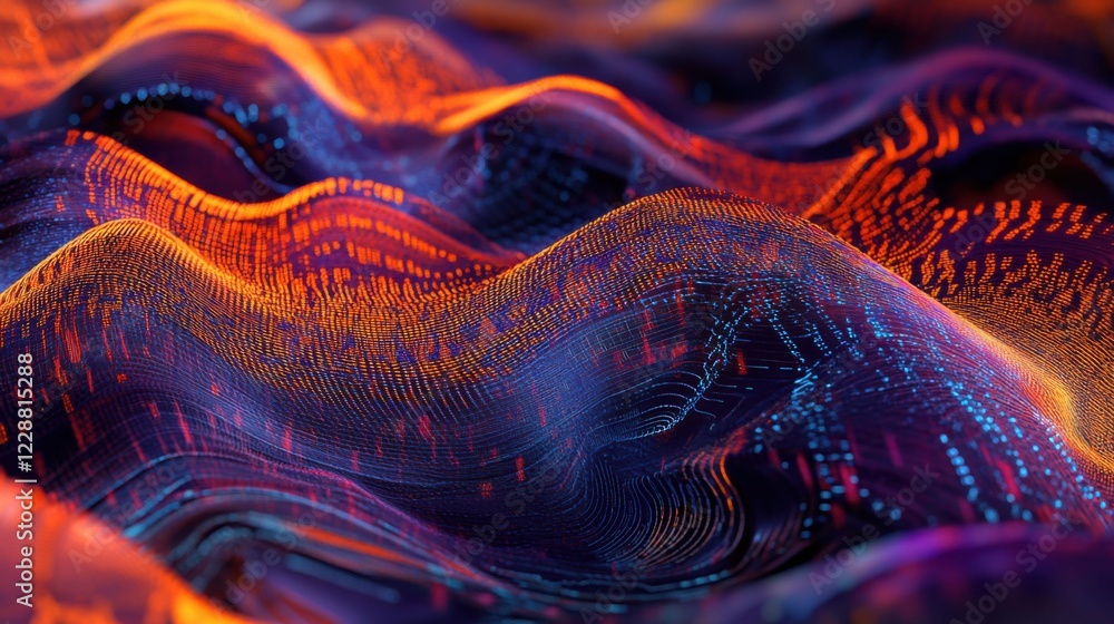 Poster abstract digital landscape: waves of vibrant data flowing across a surreal digital terrain, creating