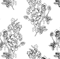 Hand Drawn Flowers and Leaves Line Pattern Watercolor Trendy Plan Trendy Color Cards Print On The Floor Home Textile Fabric Wallpaper Wrapping Cards Carpet Rug Background Fabric Linen Look Textures