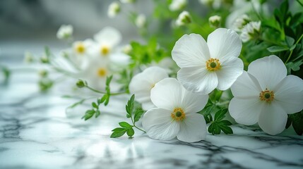 Obraz premium White flowers marble table spring wedding card