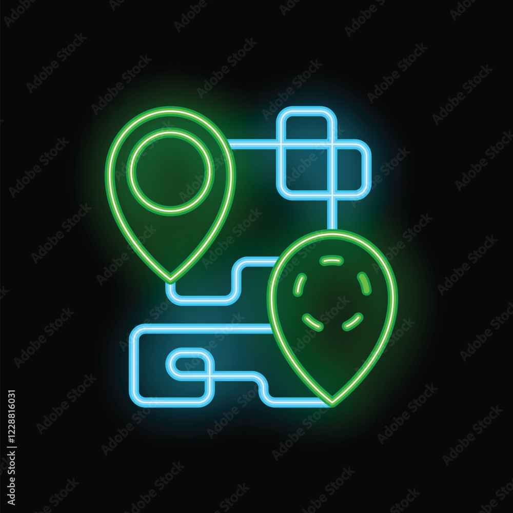 Poster neon icon representing a gps navigation system indicating a route with two location pins