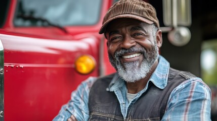Fototapeta premium Happy senior farmer smiling near red truck.