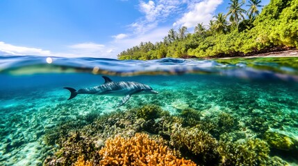 Dolphin Swimming Above Vibrant Coral Reef in Tropical Ocean Waters