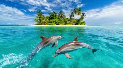 Fototapeta premium Two Dolphins Playfully Jumping Near a Tropical Island Paradise Scene