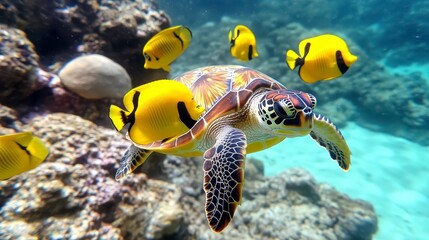 Obraz premium Sea Turtle Swimming Among Yellow Fish in Clear Ocean Waters