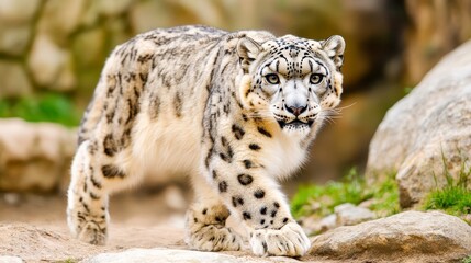 Obraz premium Majestic Snow Leopard Walking Confidently Through Rocky Terrain