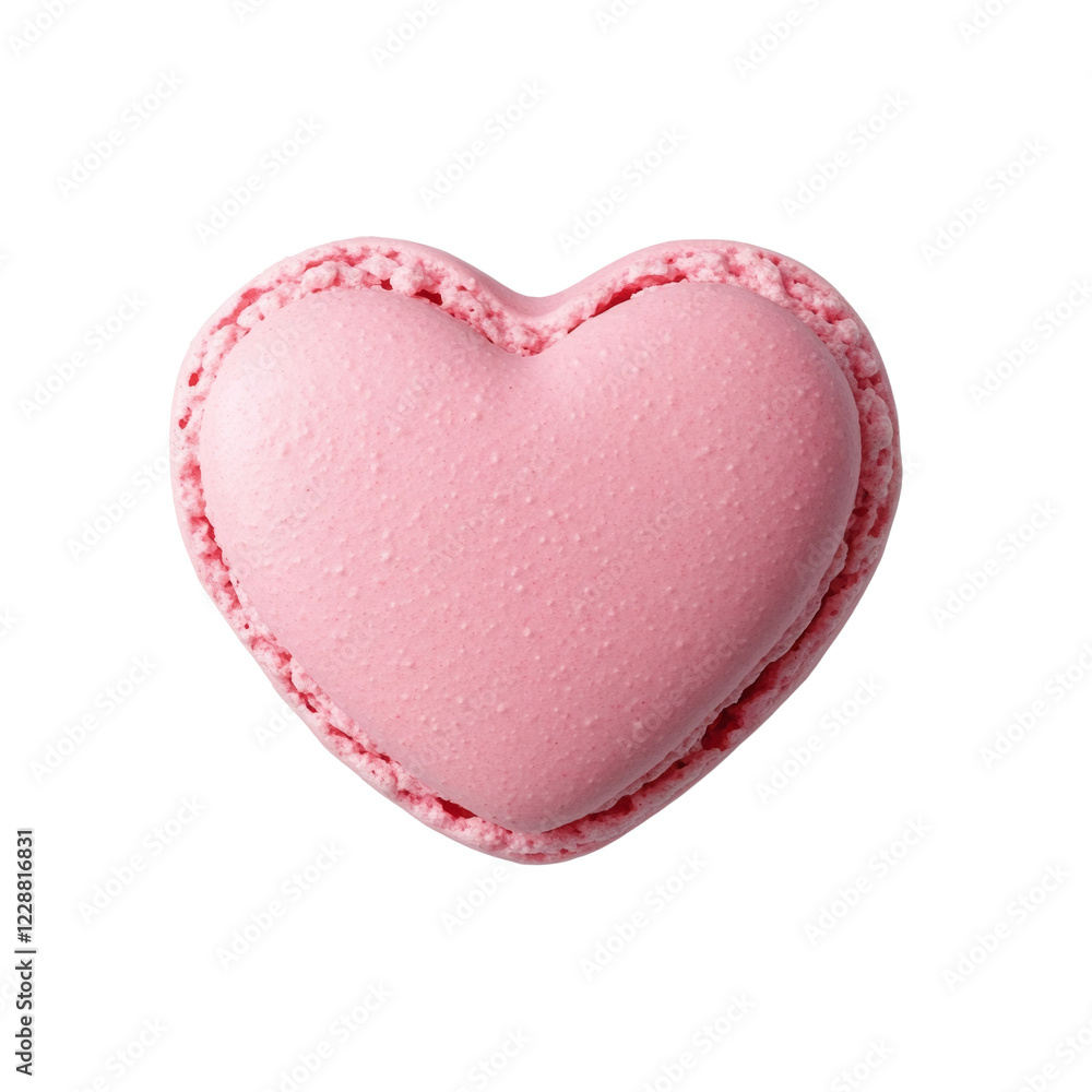 Poster a single pink heart-shaped macaron is shown against a black background. the image highlights its tex