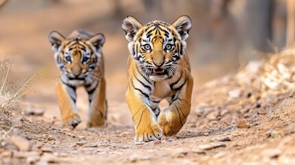 Obraz premium Two Playful Tiger Cubs Running on a Dusty Forest Trail