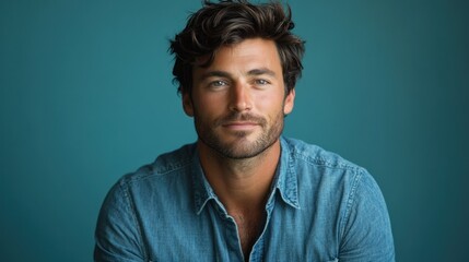 Obraz premium Portrait of a handsome man with wavy hair and a light beard, wearing a denim shirt against a teal background.