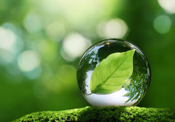 A glass ball with a leaf inside it Background green　ジェネレーティブ AI 