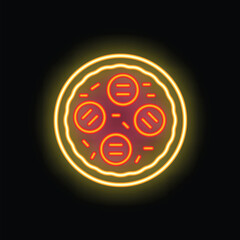 Bright neon sign in the shape of a pizza with salami, glowing on a dark background